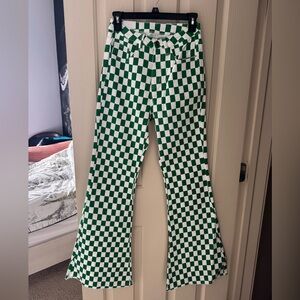 Green and White Checkerboard Flared Jeans